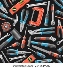 Vector Home Renovation Tools seamless pattern, decorative background with group of flying colorful work tools for wrapping paper, square placard with different tools for renovation on black background