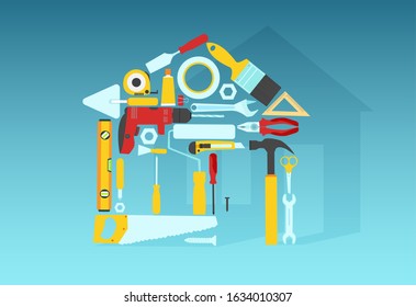 Vector of home repair tools shaped as a house 