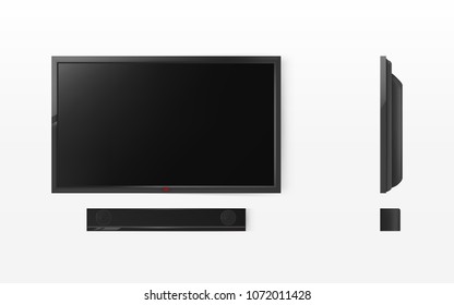 Vector home theater, audio video system, acoustic equipment, stereo technology. Electronic amplifier, surround hi-fi sound. Soundbar, screen, display in cartoon style isolated on white background