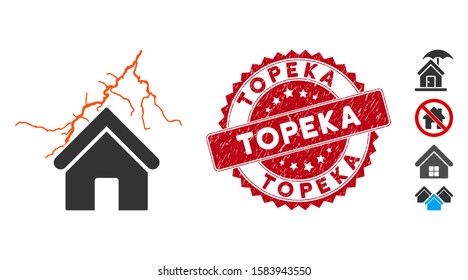 Vector home in thunderstorm icon and distressed round stamp seal with Topeka caption. Flat home in thunderstorm icon is isolated on a white background.