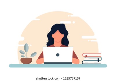 Vector home work concept on isolated white background. A girl in headphones sits at a table and works as an operator, answers messages in a call center. Stock graphics for dizan site and application