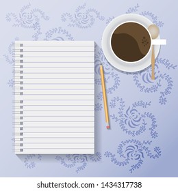 vector home workspace with notebook and coffee on tablecloth