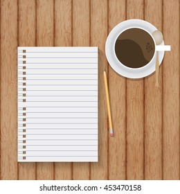 vector home workspace with notebook and coffee on wooden table
