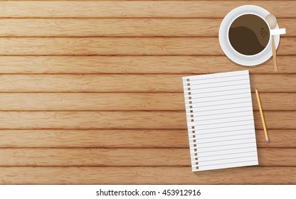 vector home workspace with notebook and coffee on wooden table