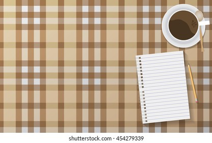 vector home workspace with notebook and coffee on checkered tablecloth