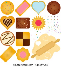 Vector de galletas y galletas caseras con chocolate, mermelada, otros ingredientes más una masa con alfiler de madera. Un conjunto de adorables y coloridas colecciones de iconos aislados en fondo blanco