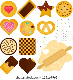 Vector de galletas y galletas caseras con chocolate, mermelada, otros ingredientes más una masa con alfiler de madera. Un conjunto de adorables y coloridas colecciones de iconos aislados en fondo blanco