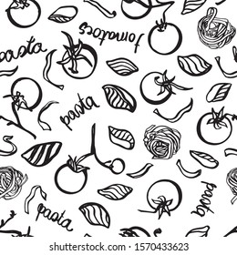 Vector homemade delicious hand drawn noodle pattern withtomatoe and typography. Yummy design for restaurant, kitchen, menu card, cookery and food packaging.