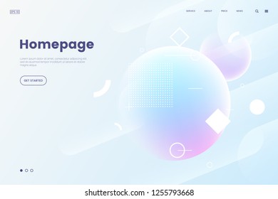 Vector homepage template with abstract dynamic background. 3d shpere with geometric pattern. Soft light background in modern gradient color. Backdrop for web site. Eps 10.