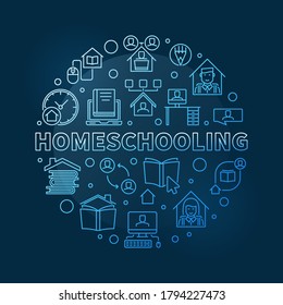 Vector Homeschooling concept round blue linear illustration or banner on dark background