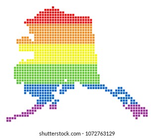 Vector homosexual tolerance Alaska Map in LGBT flag colors on a white background. Colorful vector abstract collage of Alaska Map constructed of rounded square items.