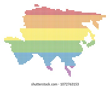 Vector homosexual tolerance Asia Map in LGBT flag colors on a white background. Color vector abstract pattern of Asia Map created of rounded square dots. Lesbian marriage concept illustration.