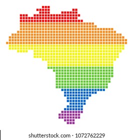 Vector homosexual tolerance Brazil Map in LGBT flag colors on a white background. Color vector abstract mosaic of Brazil Map created of rounded square dots. Transgender marriage concept illustration.