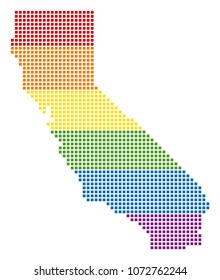 Vector homosexual tolerance California Map in LGBT flag colors on a white background. Multicolored vector abstract concept of California Map done of rounded square dots.