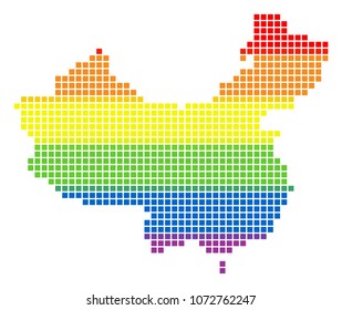 Vector homosexual tolerance China Map in LGBT flag colors on a white background. Colored vector abstract collage of China Map created of rounded square dots. Gay marriage concept illustration.