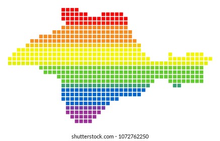 Vector homosexual tolerance Crimea Map in LGBT flag colors on a white background. Colored vector abstract composition of Crimea Map organized of rounded square pixels.