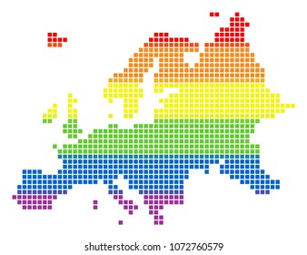 Vector de tolerancia homosexual Europa Mapa en colores de la bandera LGBT sobre un fondo blanco. Colorido collage abstracto de Vector de Europa Mapa diseñado de puntos cuadrados redondeados.