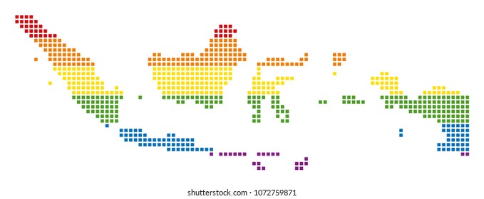 Vector homosexual tolerance Indonesia Map in LGBT flag colors on a white background. Multicolored vector abstract mosaic of Indonesia Map organized of rounded square pixels.
