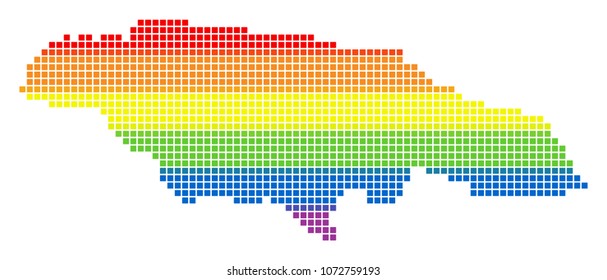 Vector homosexual tolerance Jamaica Map in LGBT flag colors on a white background. Colorful vector abstract mosaic of Jamaica Map composed of rounded square items.