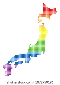 Vector homosexual tolerance Japan Map in LGBT flag colors on a white background. Color vector abstract collage of Japan Map made of rounded square dots. Lesbian marriage abstract illustration.