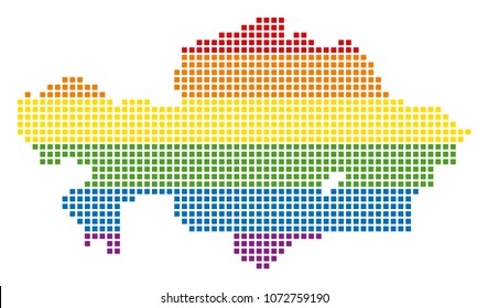 Vector homosexual tolerance Kazakhstan Map in LGBT flag colors on a white background. Colorful vector abstract pattern of Kazakhstan Map organized of rounded square dots.