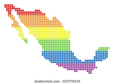 Vector homosexual tolerance Mexico Map in LGBT flag colors on a white background. Colorful vector abstract pattern of Mexico Map made of rounded square elements.