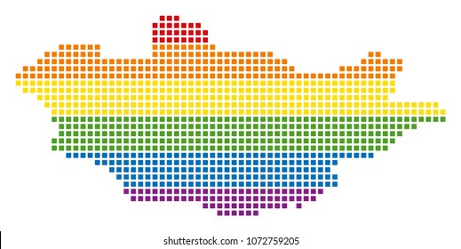 Vector homosexual tolerance Mongolia Map in LGBT flag colors on a white background. Spectrum vector abstract pattern of Mongolia Map organized of rounded square items.