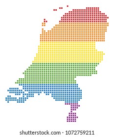 Vector homosexual tolerance Netherlands Map in LGBT flag colors on a white background. Color vector abstract mosaic of Netherlands Map done of rounded square pixels.