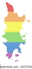 Vector homosexual tolerance Phuket Map in LGBT flag colors on a white background. Spectrum vector abstract collage of Phuket Map combined of rounded square dots.