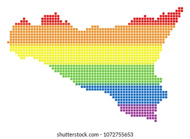 Vector homosexual tolerance Sicilia Map in LGBT flag colors on a white background. Colored vector abstract pattern of Sicilia Map combined of rounded square items.