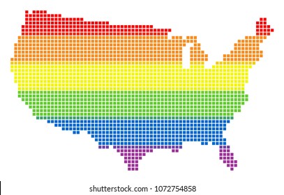 Vector homosexual tolerance USA Map in LGBT flag colors on a white background. Multicolored vector abstract collage of USA Map made of rounded square dots. Same sex marriage conceptual illustration.