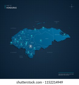 Vector Honduras map illustration with blue neon lightpoints - triangle on dark blue gradient background. Administrative divisions, cities, borders, capital. Neon tech background with glow. 