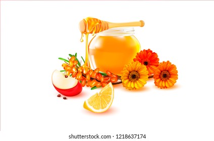 Vector Honey, Apple, Flower.Sea buckthorn.Нoney in a transparent glass Jar.Wood Dipper and Daisy. Vector picture, image for poster, stickers, business cards.Leaflet for selling honey, bee products.