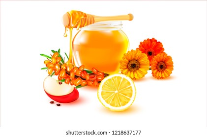Vector Honey, Apple, Flower.Sea buckthorn.Нoney in a transparent glass Jar.Wood Dipper and Daisy. Vector picture, image for poster, stickers, business cards.Leaflet for selling honey, bee products.
