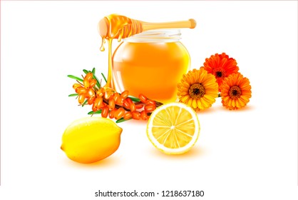 Vector Honey, Apple, Flower.Sea buckthorn.Нoney in a transparent glass Jar.Wood Dipper and Daisy. Vector picture, image for poster, stickers, business cards.Leaflet for selling honey, bee products.