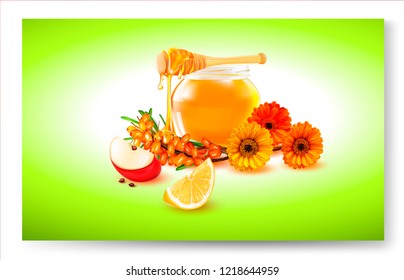 Vector Honey, Apple, Flower.Sea buckthorn.Нoney in a transparent glass Jar.Wood Dipper and Daisy. Vector picture, image for poster, stickers, business cards.Leaflet for selling honey, bee products.