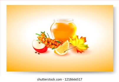 Vector Honey, Apple, Flower.Sea buckthorn.Нoney in a transparent glass Jar.Wood Dipper and Daisy. Vector picture, image for poster, stickers, business cards.Leaflet for selling honey, bee products.