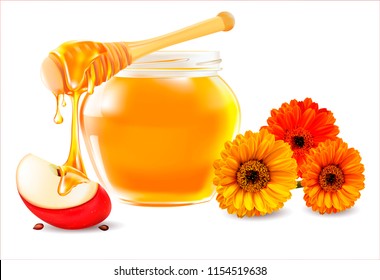 Vector Honey, Apple, Flower.Нoney in a transparent glass Jar.Wood Dipper and yellow Daisy. Vector picture, image for poster, stickers, business cards. Leaflet for selling honey, bee products.