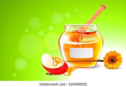 Vector Honey, Apple, Flower.Нoney in a transparent glass Jar.Wood Dipper and yellow Daisy. Vector picture, image for poster, stickers, business cards. Leaflet for selling honey, bee products.