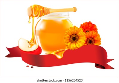 Vector Honey, Apple, Flower.Нoney in a transparent glass Jar.Wood Dipper and yellow Daisy. Vector picture, image for poster, stickers, business cards. Leaflet for selling honey, bee products.