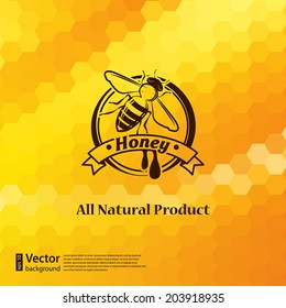 Vector honey background and bee on ribbon badge for your design 