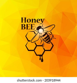 Vector honey background and bee on honeycomb label for your design