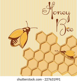 Vector honey background and bee on honeycomb label for your design 