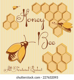 Vector honey background and bee on honeycomb label for your design 