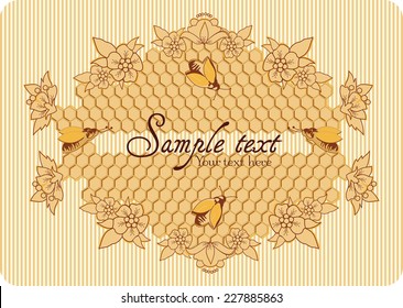 Vector honey background and bee on honeycomb label for your design 