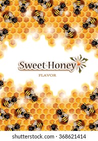 Vector Honey Background with Busy Bees Working on Honeycomb and Space for Text. No Blend is Used.