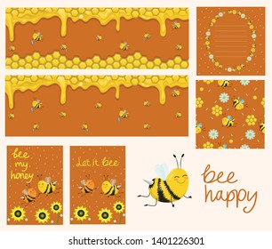 Vector honey banners. Cartoon illustrations. Honeycombs, bees, flowers. Collection of cards, banners, flyer, seamless pattern, funny inscriptions.