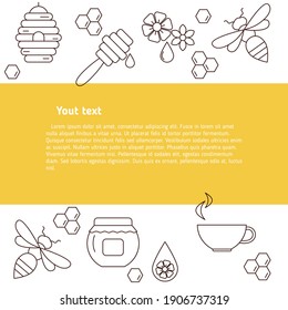 Vector honey bee background. Jar, bee, honeycomb, flower objects. Concept for honey package, banner, wrapping.