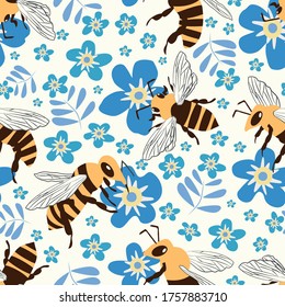Vector honey bee and Forget-me-not flower seamless pattern background. Flying insect and floral blue white backdrop. Folk country millefleur design. Modern all over print for garden and nature concept