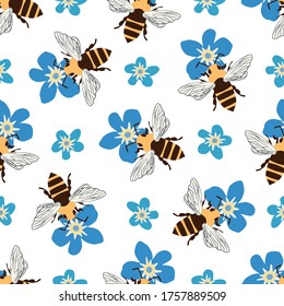 Vector honey bee   Forget  me  not flower seamless pattern background  Flying insect   floral blue white backdrop  Folk country style design  Modern all over print for garden   nature concept